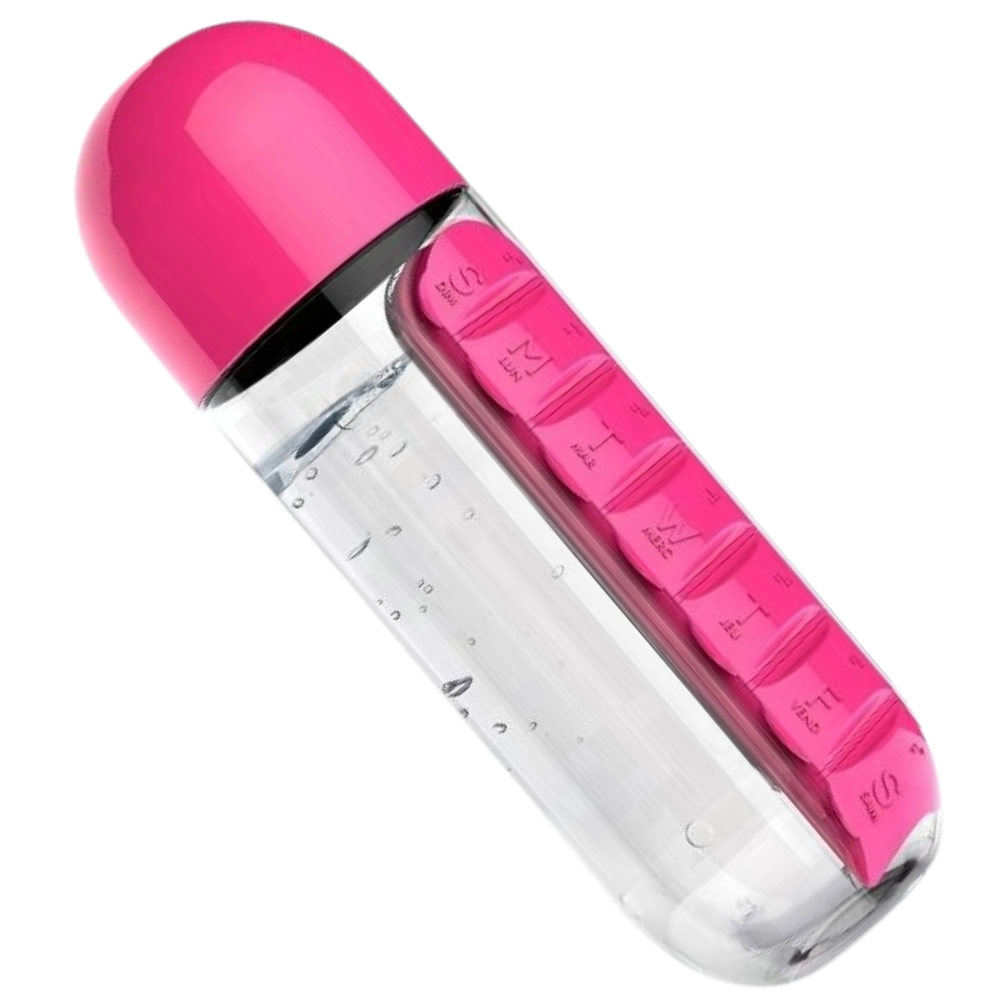 Plastic Water Bottle with Pill Box -Pink - Ozerty