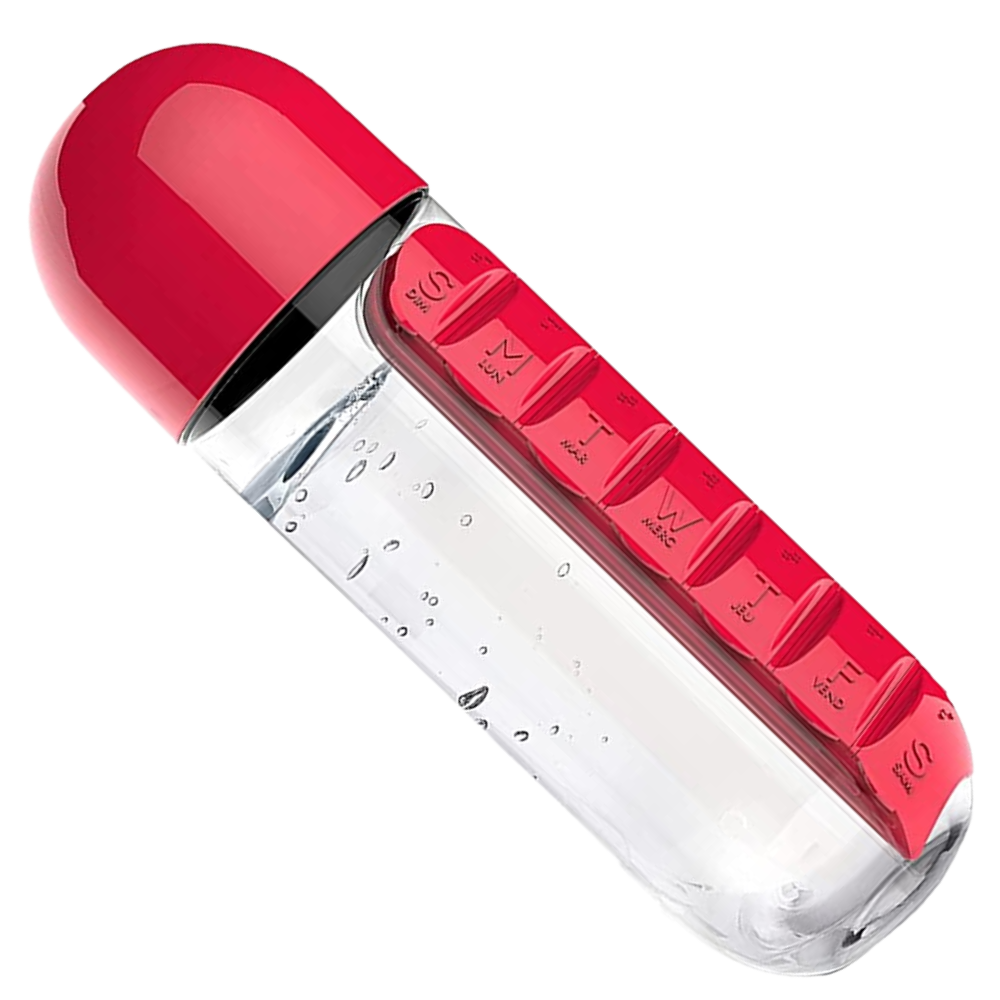 Plastic Water Bottle with Pill Box -Red - Ozerty