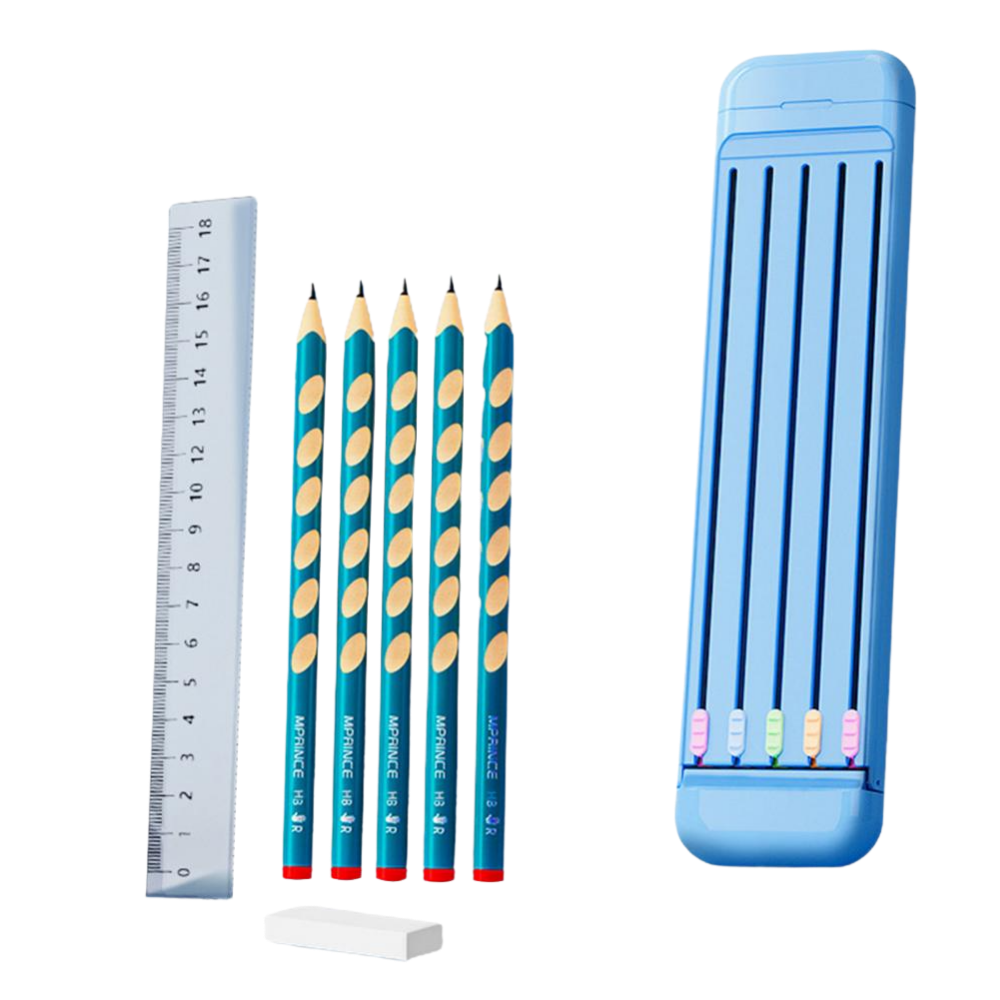 Hard Pencil Case with Pencils & Ruler -Blue - Ozerty