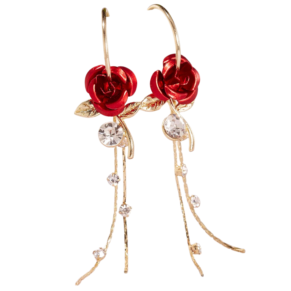 Rose Tassel Earrings -Red - Ozerty