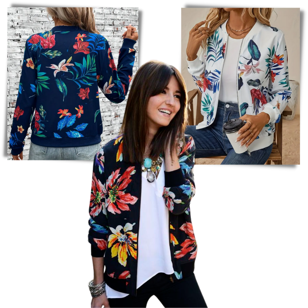 Long Sleeve Flower Bomber Jacket - Ozerty