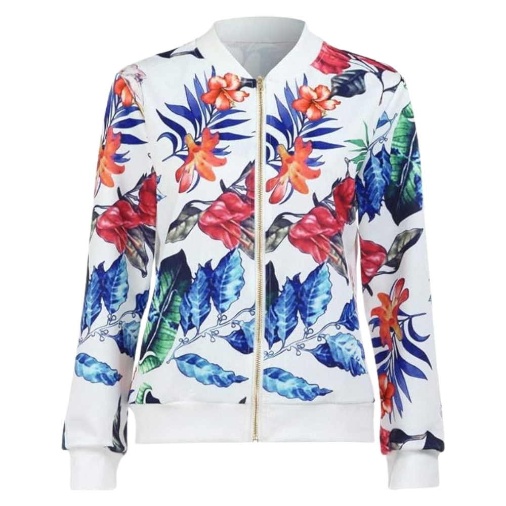 Long Sleeve Flower Bomber Jacket -White - Ozerty